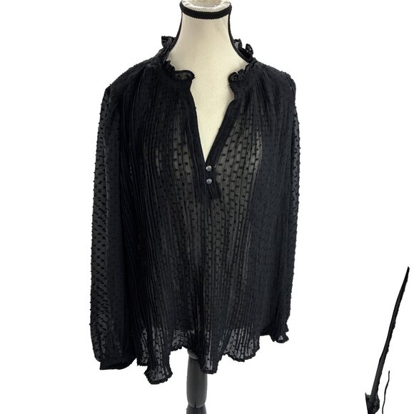 Gap Womens XL Black Sheer Textured Long Sleeve Blouse Ruffle Neck Button Top - Picture 1 of 6